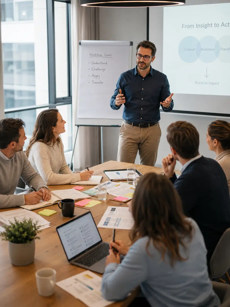 Účastníci facilitovaného workshopu pracujú pri stole s poznámkami a spoločnou mapou témy