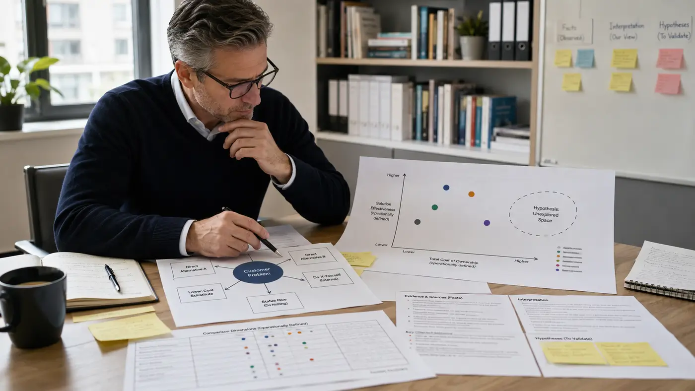 Analytik mapuje konkurenčné alternatívy, porovnávacie dimenzie a positioning v B2B prostredí